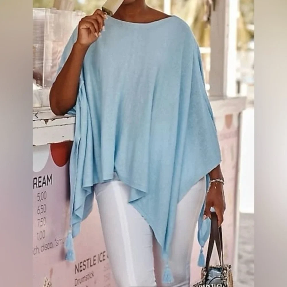 J. Jill Linen-Blend Light Blue Tassel Hem Poncho Top One Size Flowy Boho